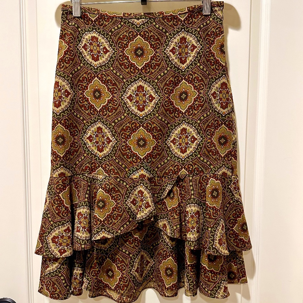ANN TAYLOR LOFT AUTUMN A-LINE TIERED RUFFLE SKIRT SZ 4 RUST GOLD OLIVE TAN BROWN